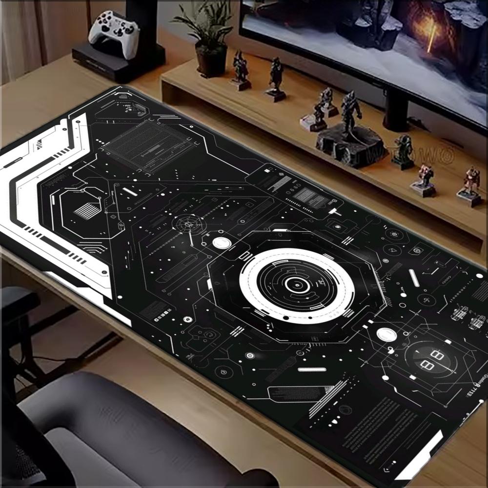 Office Tech Desk - Black White Circuit Tech Large Extended